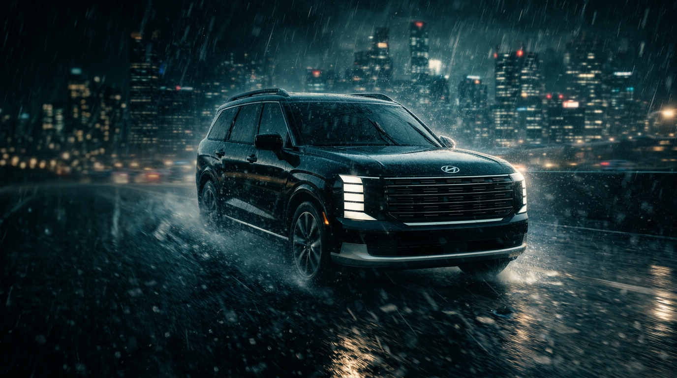 A black Hyundai SUV driving through night rain with the Birmingham skyline glowing behind it